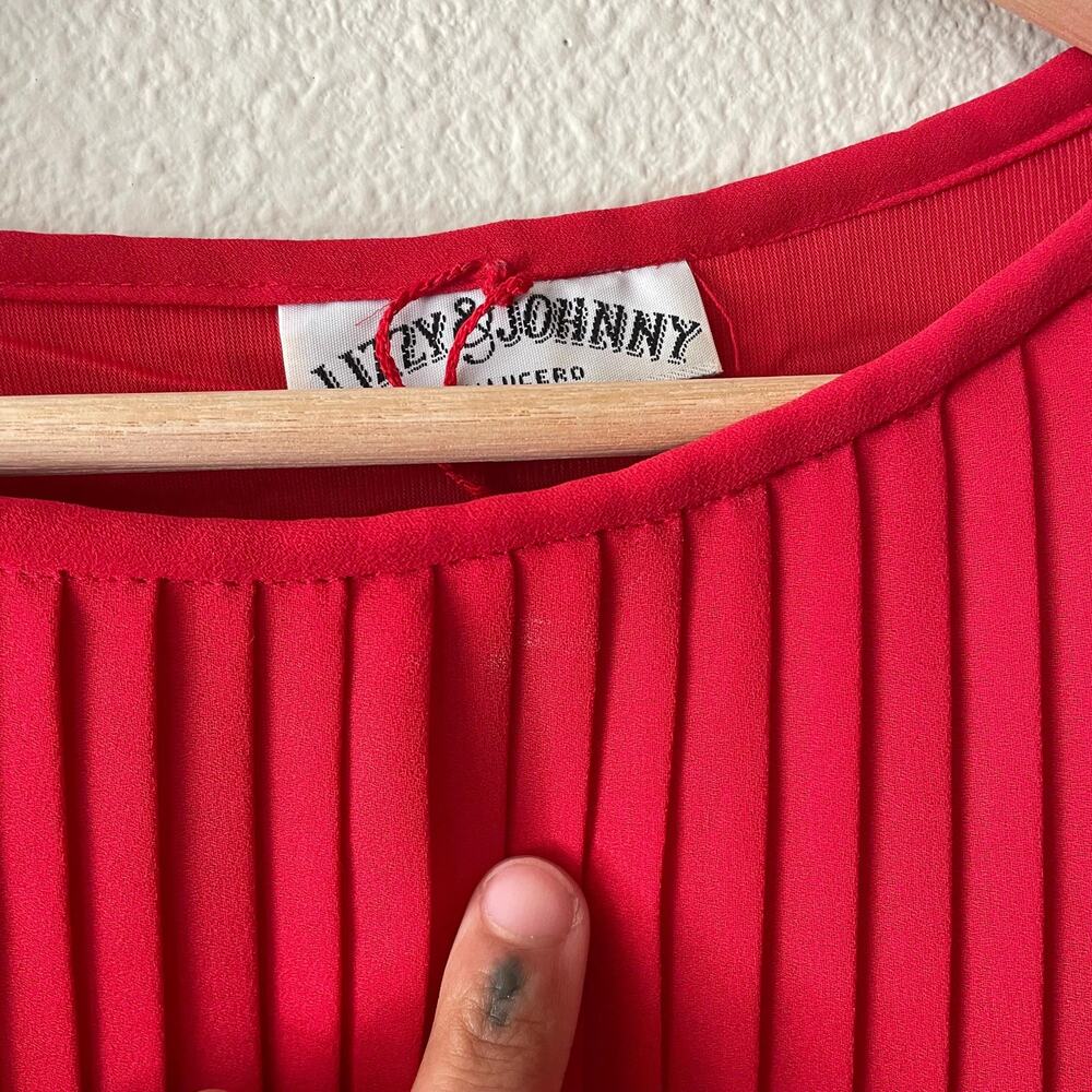 80s vintage red pleated midi dress with puff sleeves maximalist - Picture 6 of 10